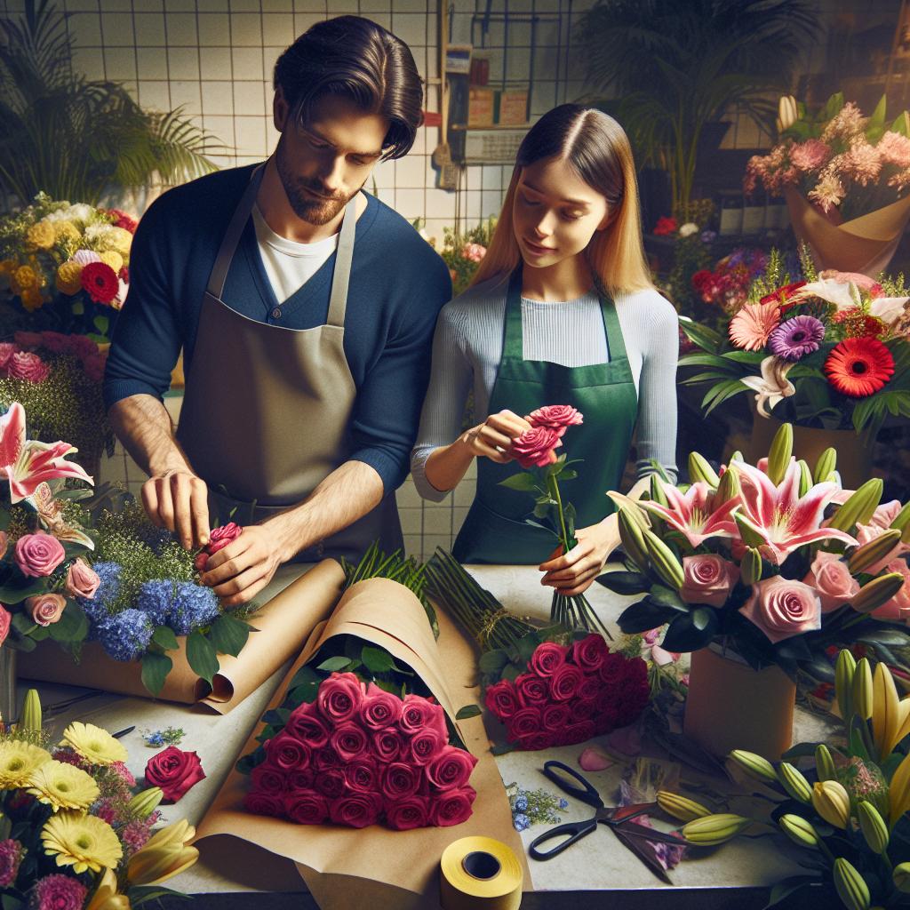 Florists preparing Valentine bouquets