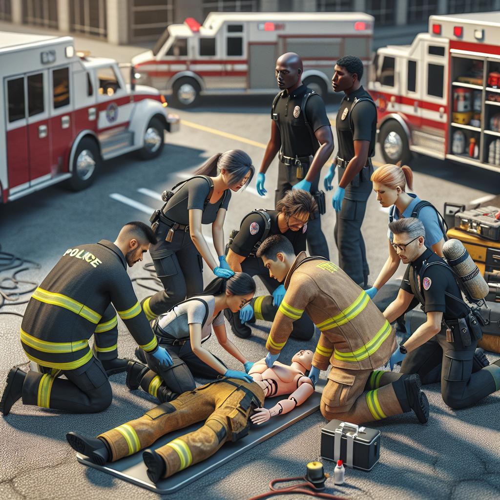 "First responders exercising emergency drill"