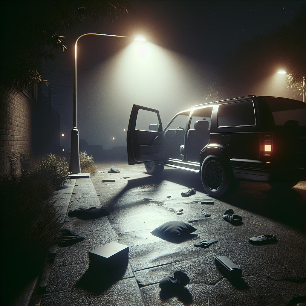 Crime scene, abandoned car, night