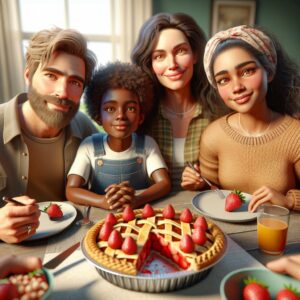 "Family enjoying strawberry pie together"