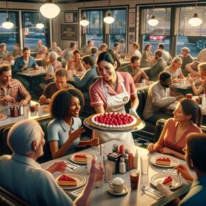 Diner serving strawberry pie, community