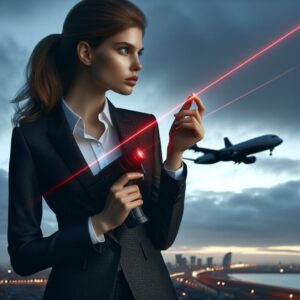 Woman aiming laser at airplane