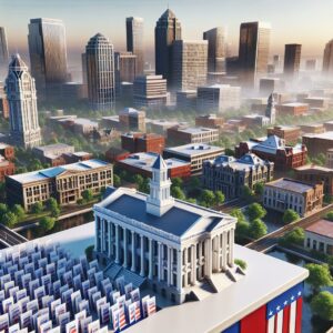 Shreveport cityscape with voting ballots