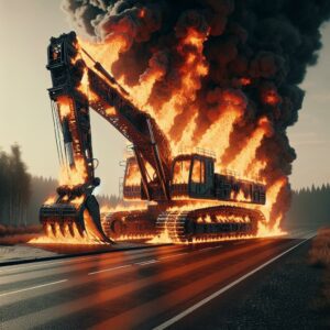 Burning excavator on road