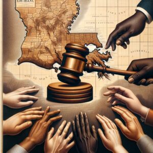 Judge gavel, Louisiana map, diverse hands