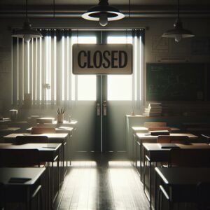 Darkened classroom with closed sign