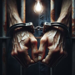 Cuffed hands behind prison bars