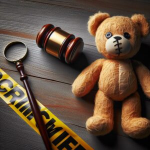 Gavel, crime tape, childhood teddy bear