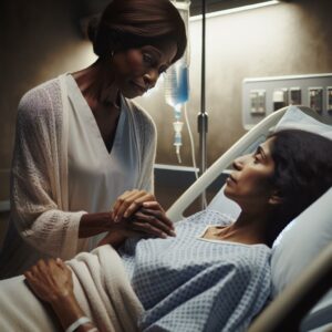 Woman comforting at hospital bedside