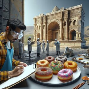 Historical building, doughnuts, research team