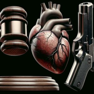 Courtroom gavel, broken heart, handgun