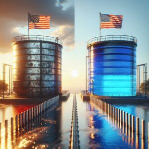 "Dual flags over contrasting water tanks"