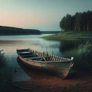 Abandoned boat near lake