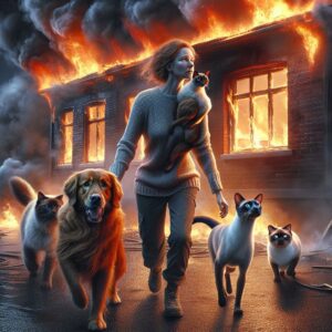 Woman and pets escaping fire