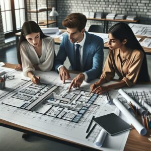 Architects redesigning office building blueprints