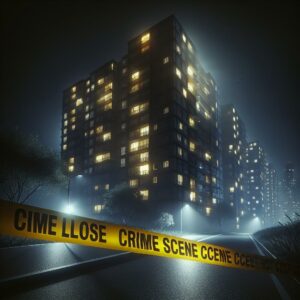 Darkened apartment building, crime tape