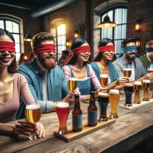 Blindfolded guests tasting beer