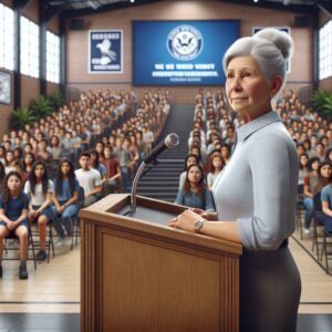 Elderly woman leading school assembly