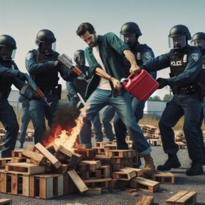 Man pouring gasoline, police intervention