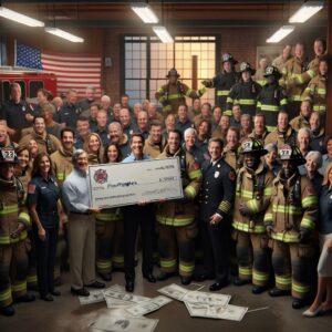 Firefighters receiving oversized donation check