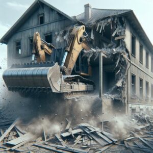 Bulldozer demolishing dilapidated house