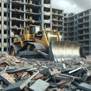 Bulldozer at demolished apartments