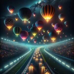 Hot air balloons illuminating racetrack