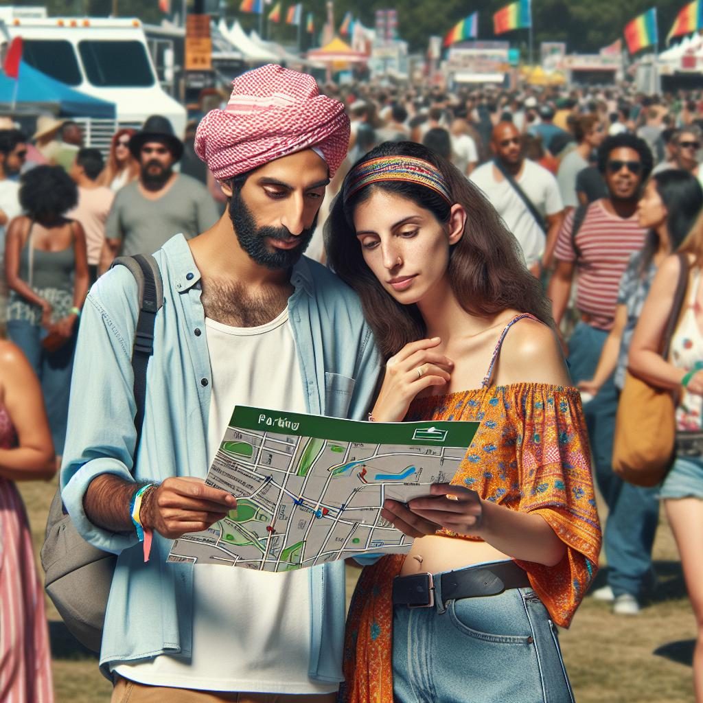 Festival-goers studying parking map