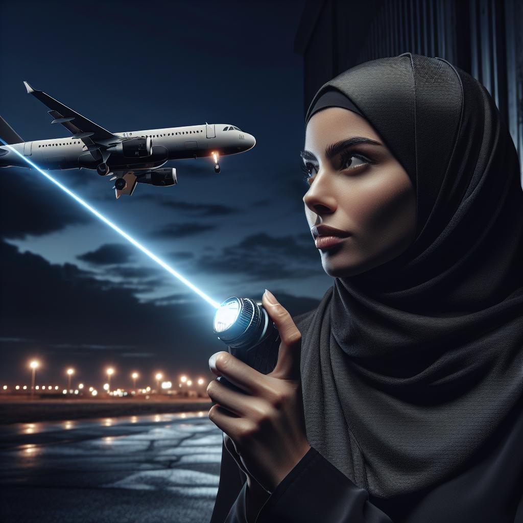 Woman aiming laser at aircraft