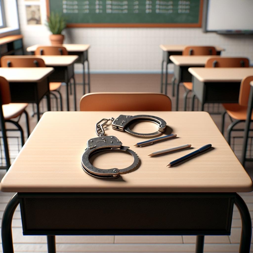 Teacher's empty desk, handcuffs