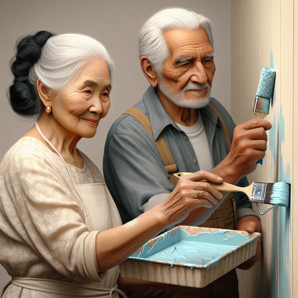 Elderly couple painting house