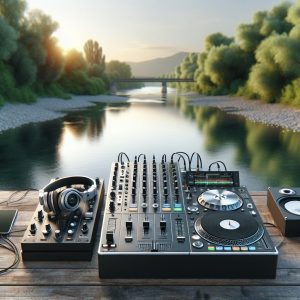 DJ equipment on riverbank