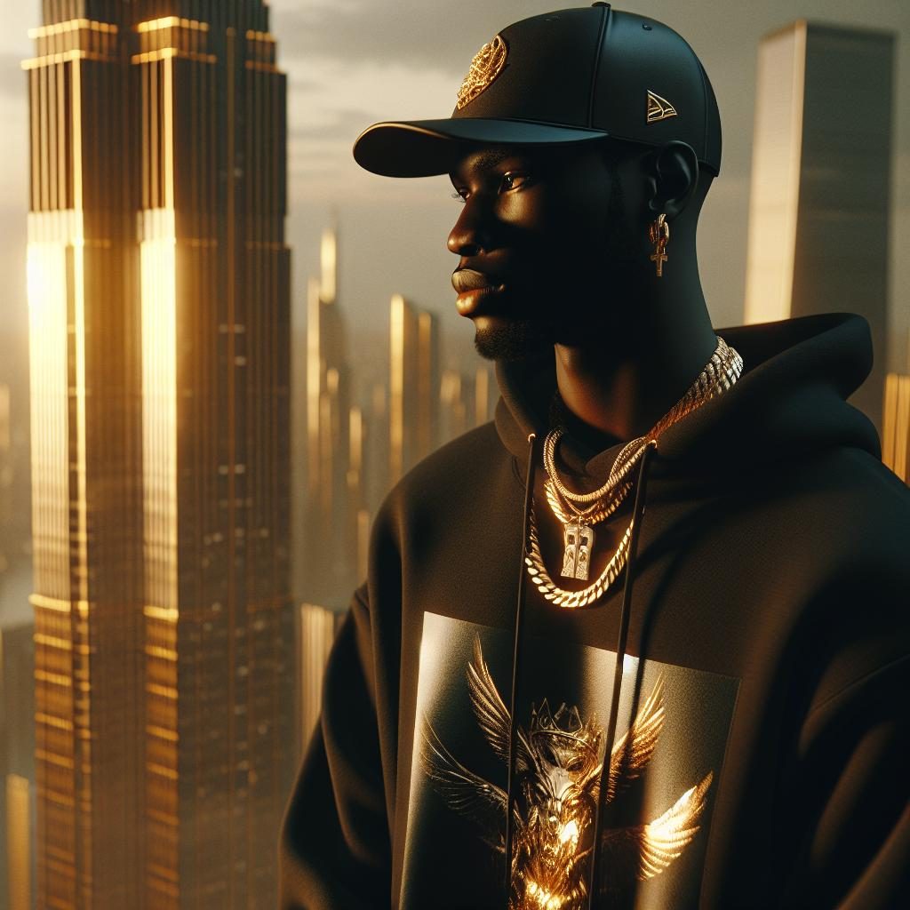 Rapper overlooking gold building