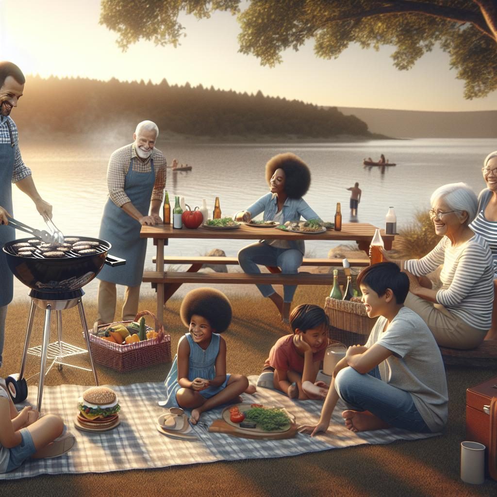 Family barbecue at lakeside