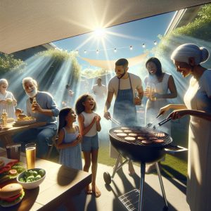 Family barbecue under sunny skies