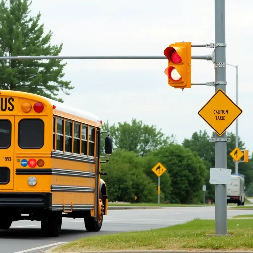 School bus at traffic light with caution signs nearby.