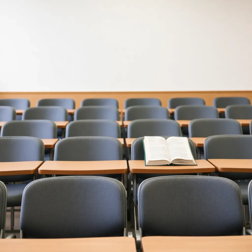 Classroom setting with empty chairs and concerned textbooks.