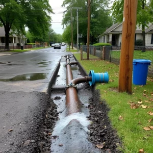 Burst water main causing neighborhood disruption and affected infrastructure.