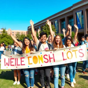 Excited students celebrating on campus with colorful banners.