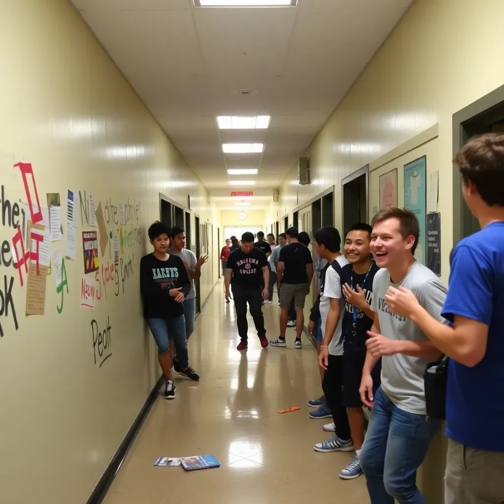 School hallway filled with prank-related chaos and laughter.