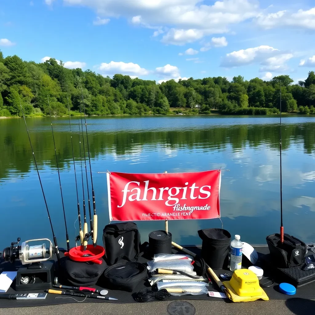 Scenic lake backdrop with fishing gear and competition banners.