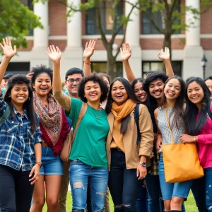 A group of diverse students celebrating together on campus.