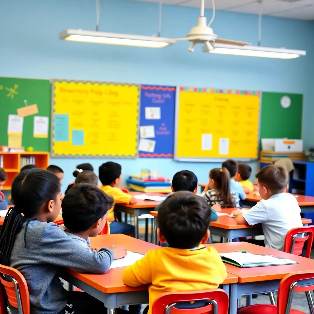 Colorful classroom setting with students engaged in learning.