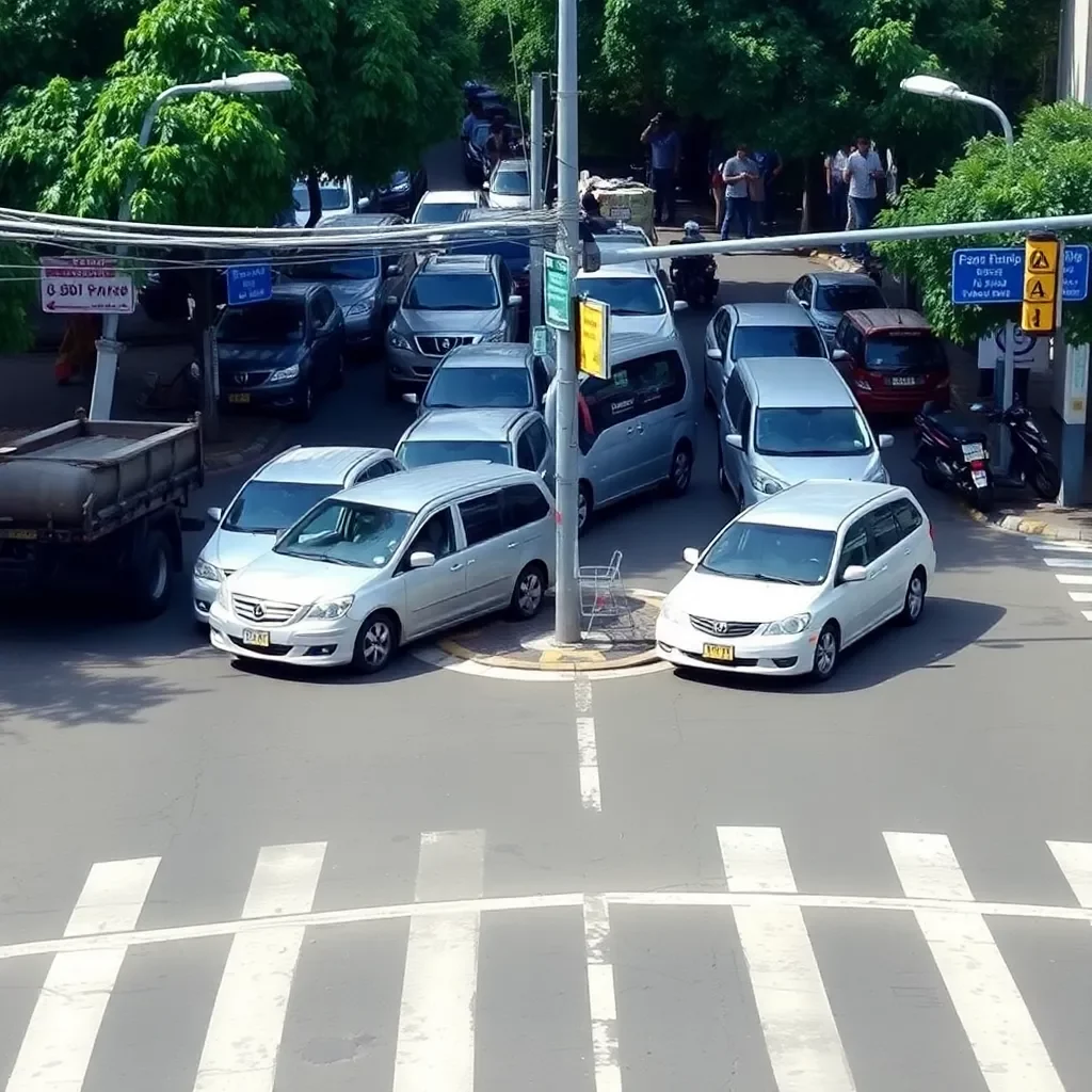 Busy city intersection with stranded vehicles and traffic chaos.