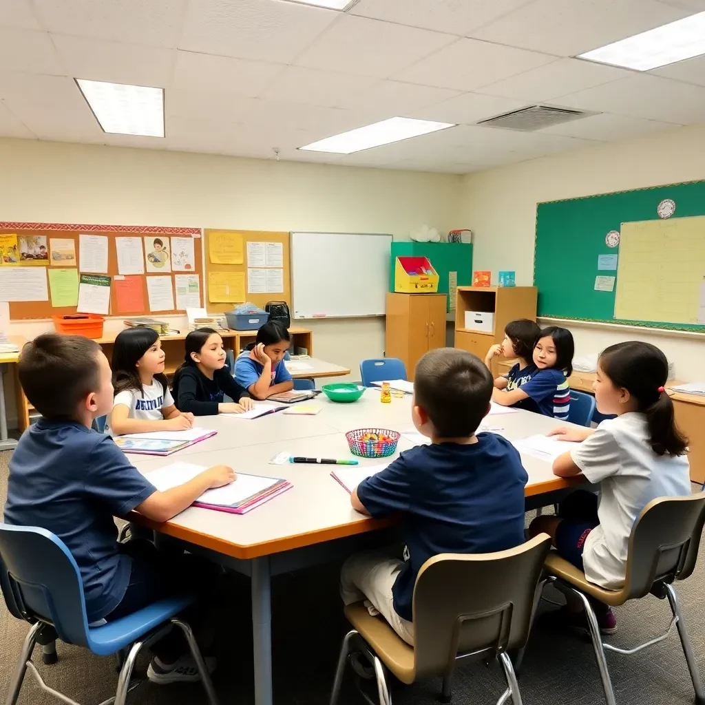 Bright classroom with engaged students and educational materials.