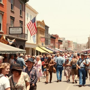 Vintage festival scene with people celebrating local history.