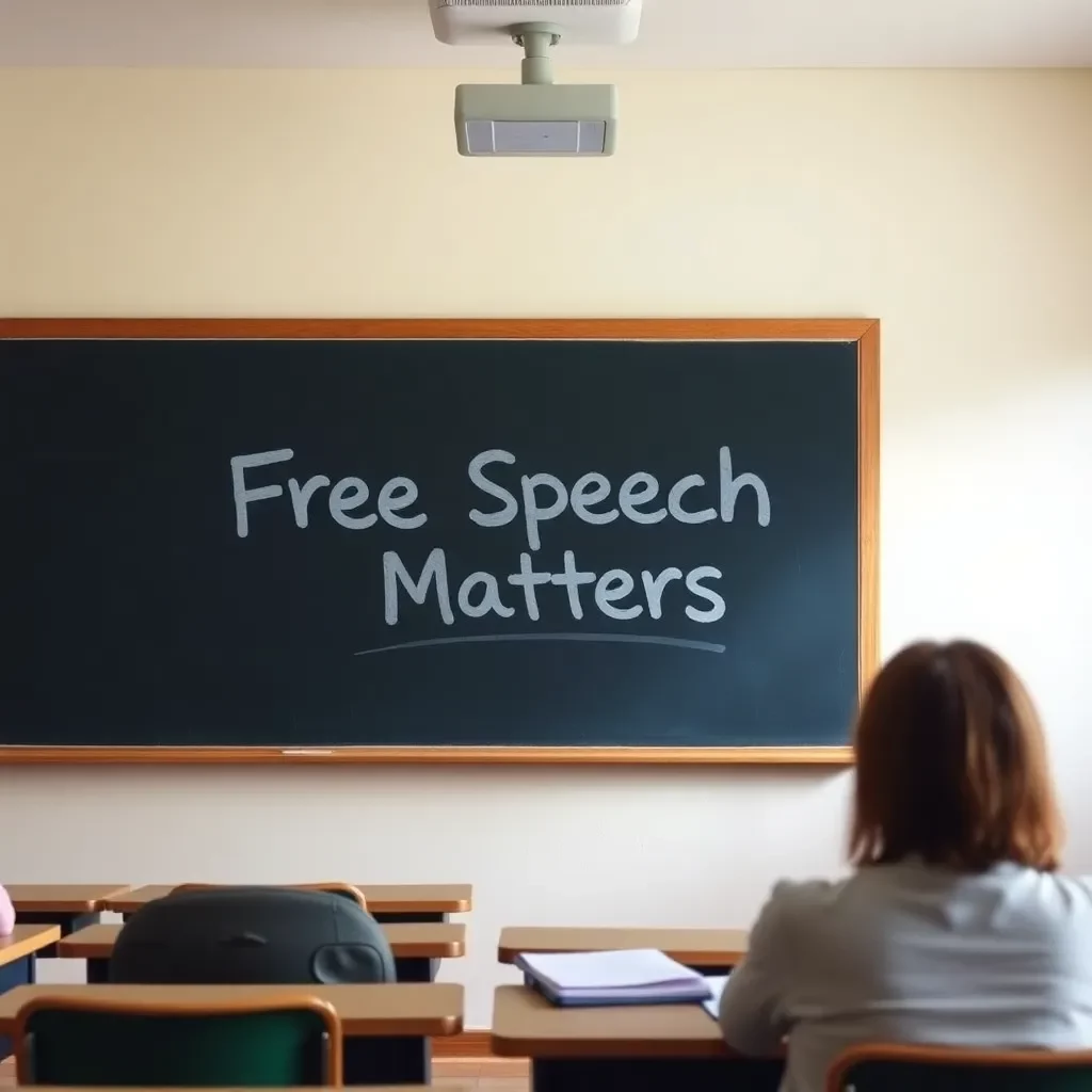 A classroom with a chalkboard displaying “Free Speech Matters.”