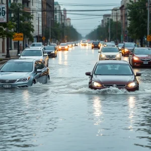 Submerged cars on flooded streets in urban area