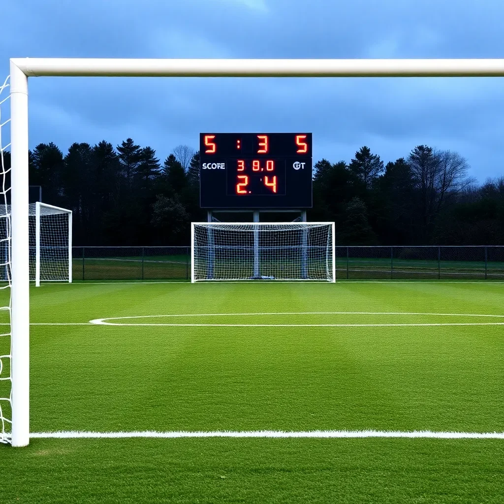 Soccer field with goalposts, scoreboard showing high score.