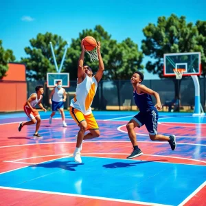 Dynamic basketball action on a vibrant court.